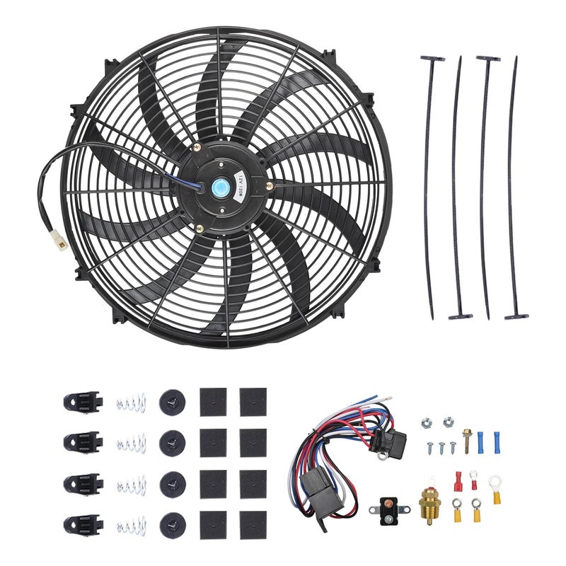SSN 16" Electric Radiator Cooling Fan Thermostat Wiring Switch Relay Kit, Push Pull Electric Radiator Universal Slim Fan with 12V 120W Mount Kit Black - Image 1